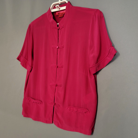 Monsoon 100% Silk Blouse Womens 6 Pink Mandarin Collar Short Sleeve Asian Style - Picture 2 of 13